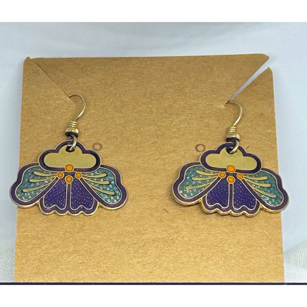 Vintage Laurel Burch Floral Enamel Earrings Purple Green Gold Tone Signed